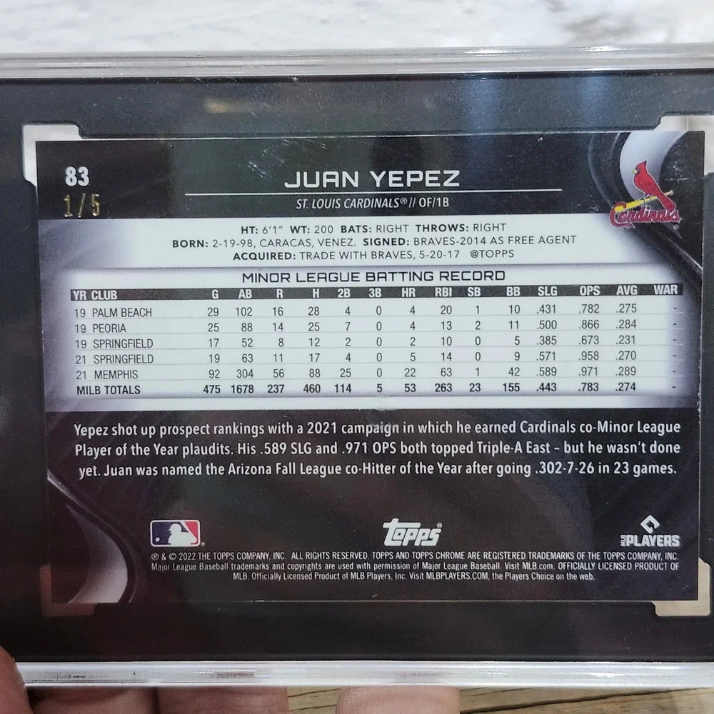 2022 Topps Chrome Black Juan Yepez #83 Red Refractor 1/5 SGC 10‎ Rookie Card
